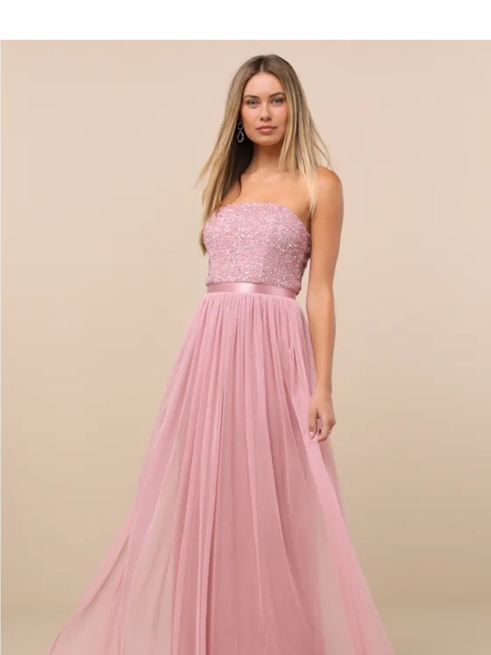 Lulu's Dusty Rose Strapless Sequin Bodice Tulle Gown